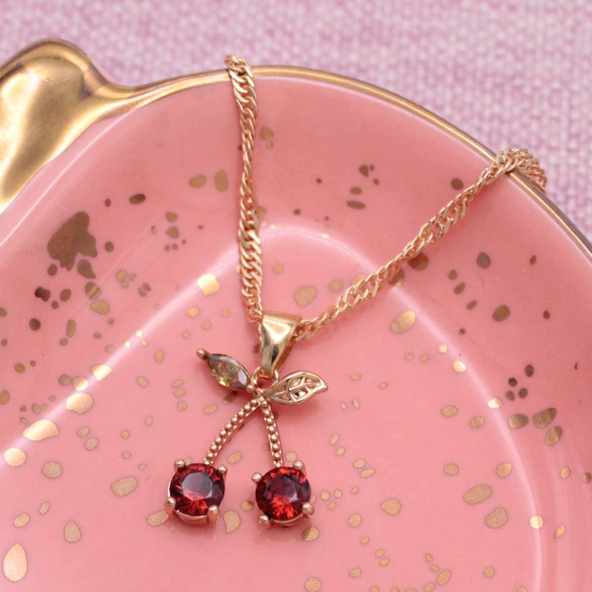 Sweet Crystal Cherries Gold Necklace