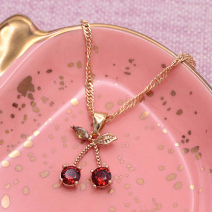 Sweet Crystal Cherries Gold Necklace